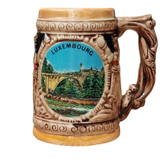 Vintage Luxembourg German-Style Beer Stein Ceramic Souvenir Mug Ornate Handle - Picture 1 of 7